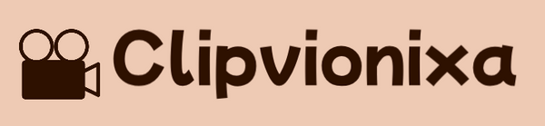 Logo of Clipvionixa with a film clip icon on a beige background